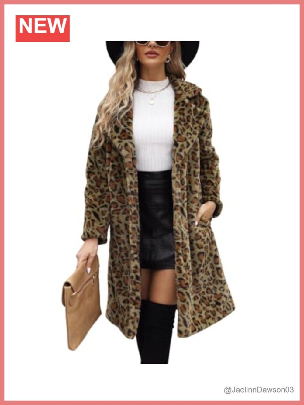 Faux Fur Leopard Print Long Trench Coat Open Front Lapel Women's Jacket